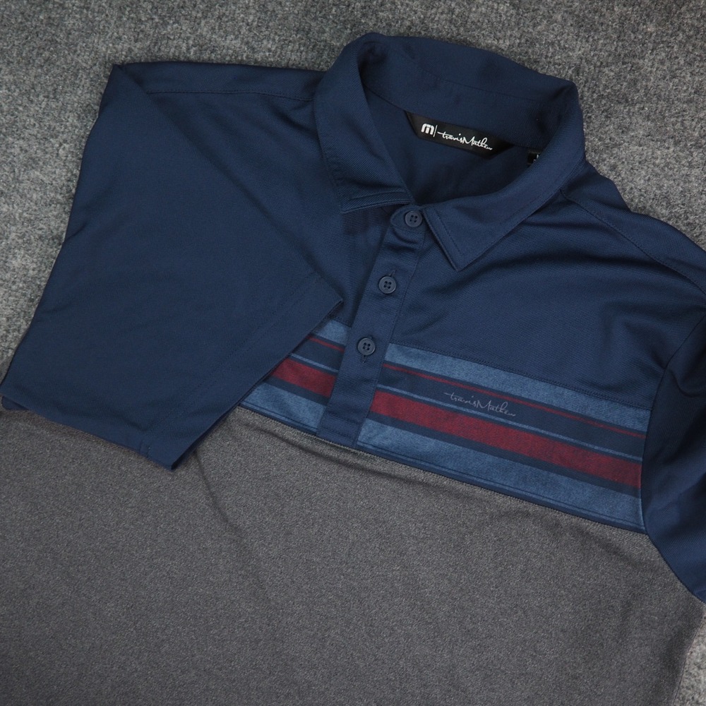 TravisMathew Polo Shirt Mens Med Blue Gray Striped Golf Activewear Gorpcore